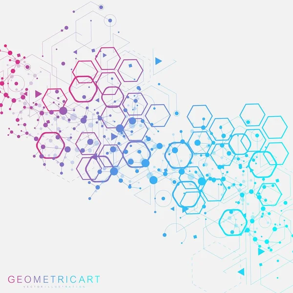 科学的な六角形のパターンの近代的な未来的な背景。粒子、医学、技術、化学、科学のための分子構造を持つ仮想抽象的な背景。ソーシャルネットワークベクトル — ストックベクタ