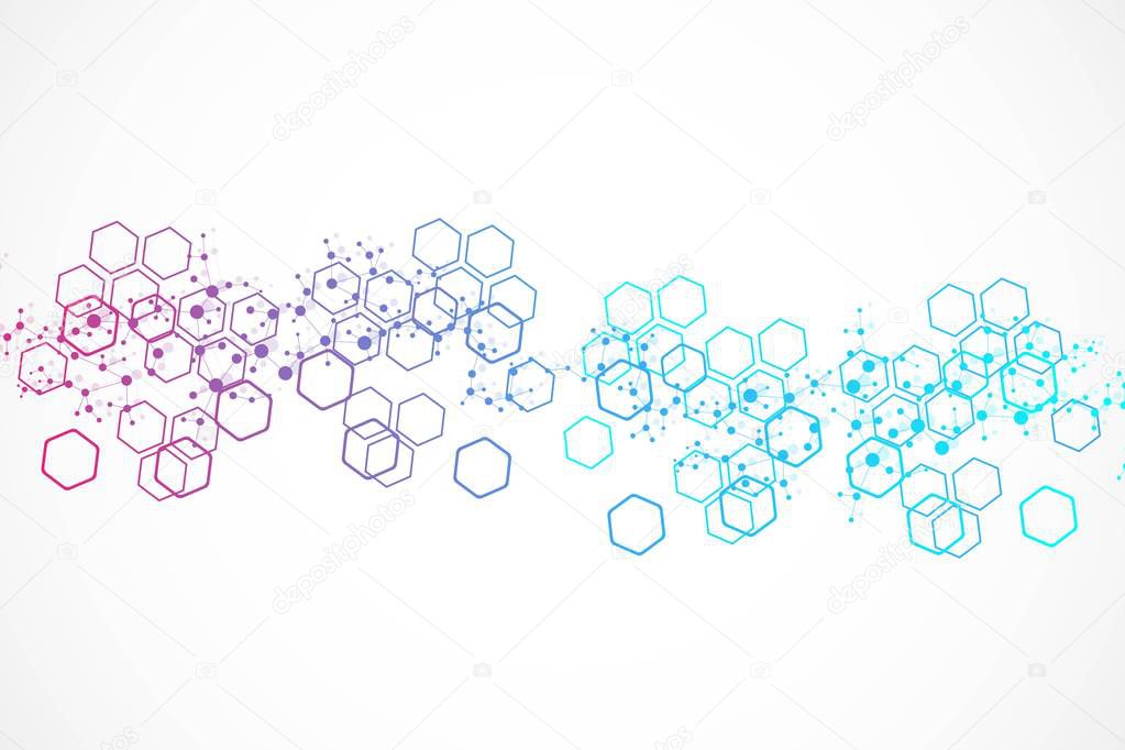 Structure molecule and communication. Dna, atom, neurons. Scientific concept for your design. Connected lines with dots. Medical, technology, chemistry, science background. Vector illustration.