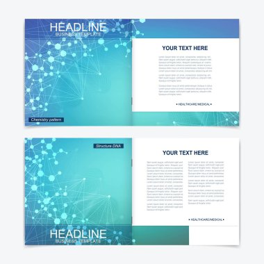 Bilimsel şablonlar kare broşür, dergi, broşür, broşür, kapak, broşür, yıllık rapor. Tıp, teknoloji ve kimya için bilimsel bir kavram. Yapı molekülü ve iletişim. DNA, atom.