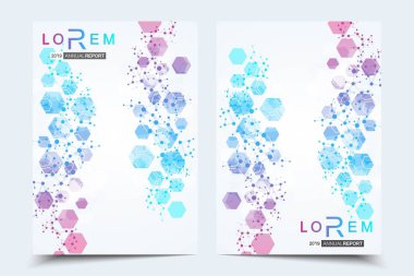 Bilimsel broşür tasarım şablonu. Vektör broşürü düzeni, birbirine bağlı çizgiler ve noktalarla moleküler yapı. Dergi, broşür, kapak, poster tasarımı için elementleri olan bilimsel desenli atom DNA 'sı.