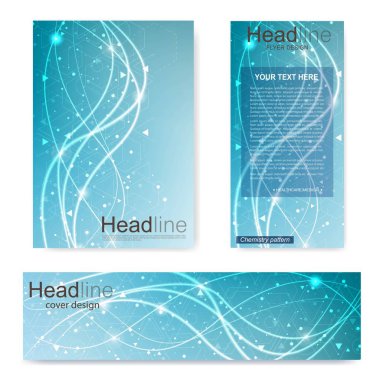 Broşür, A4 şablonu, afiş ayarla. Birbirine bağlı çizgiler ve noktalar olan moleküler yapı. Dergi, broşür, kapak, poster tasarımı için elementleri olan bilimsel desenli atom DNA 'sı.