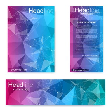 Broşür, A4 şablonu, afiş ayarla. Birbirine bağlı çizgiler ve noktalar olan moleküler yapı. Dergi, broşür, kapak, poster tasarımı için elementleri olan bilimsel desenli atom DNA 'sı.