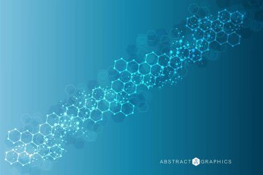 Yapı molekülü ve iletişim. DNA, atom, nöronlar. Tasarımınız için bilimsel bir kavram. Noktalarla birleştirilmiş çizgiler. Tıp, teknoloji, kimya, bilim geçmişi. Vektör illüstrasyonu.