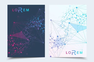 Bilimsel broşür tasarım şablonu. Vektör broşürü düzeni, birbirine bağlı çizgiler ve noktalarla moleküler yapı. Dergi, broşür, kapak, poster tasarımı için elementleri olan bilimsel desenli atom DNA 'sı.