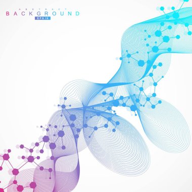 Yapı molekülü ve iletişim. DNA, atom, nöronlar. Tasarımınız için bilimsel bir kavram. Noktalarla birleştirilmiş çizgiler. Tıp, teknoloji, kimya, bilim geçmişi. Vektör illüstrasyonu.