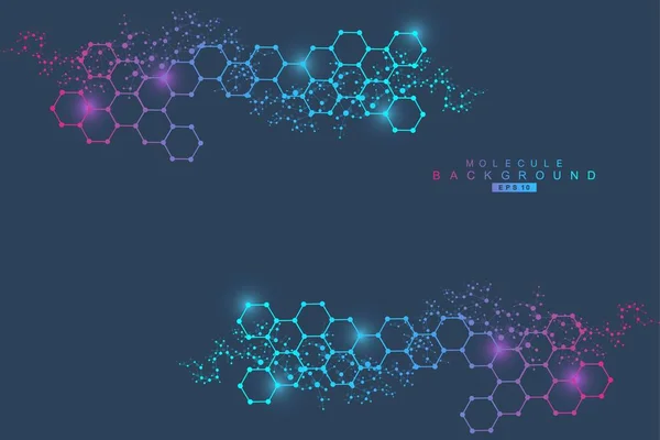 Structuur molecuul en communicatie. DNA, atoom, neuronen. Wetenschappelijk concept voor uw ontwerp. Verbonden lijnen met stippen. Medische, technologische, scheikundige, wetenschappelijke achtergrond. Vectorillustratie. — Stockvector