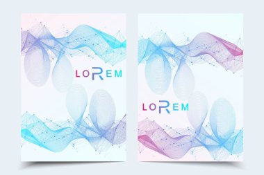 Bilimsel broşür tasarım şablonu. Vektör broşürü düzeni, birbirine bağlı çizgiler ve noktalarla moleküler yapı. Dergi, broşür, kapak, poster tasarımı için elementleri olan bilimsel desenli atom DNA 'sı.