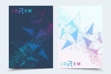 Bilimsel broşür tasarım şablonu. Vektör broşürü düzeni, birbirine bağlı çizgiler ve noktalarla moleküler yapı. Dergi, broşür, kapak, poster tasarımı için elementleri olan bilimsel desenli atom DNA 'sı.