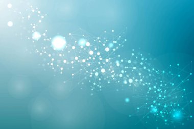 Yapı molekülü ve iletişim. DNA, atom, nöronlar. Tasarımınız için bilimsel bir kavram. Noktalarla birleştirilmiş çizgiler. Tıp, teknoloji, kimya, bilim geçmişi. Vektör illüstrasyonu.