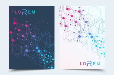 Bilimsel broşür tasarım şablonu. Vektör broşürü düzeni, birbirine bağlı çizgiler ve noktalarla moleküler yapı. Dergi, broşür, kapak, poster tasarımı için elementleri olan bilimsel desenli atom DNA 'sı.