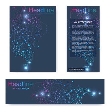 Broşür, A4 şablonu, afiş ayarla. Birbirine bağlı çizgiler ve noktalar olan moleküler yapı. Dergi, broşür, kapak, poster tasarımı için elementleri olan bilimsel desenli atom DNA 'sı.