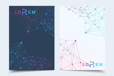 Bilimsel broşür tasarım şablonu. Vektör broşürü düzeni, birbirine bağlı çizgiler ve noktalarla moleküler yapı. Dergi, broşür, kapak, poster tasarımı için elementleri olan bilimsel desenli atom DNA 'sı.