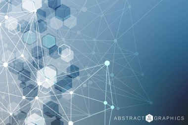 Bağlı çizgi ve noktalarla Geometrik soyut arkaplan. Yapı molekülü ve iletişim. Büyük Veri Görselleştirme. Tıp, teknoloji, bilim geçmişi. Vektör illüstrasyonu.