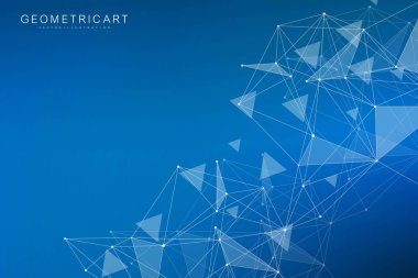 Bağlı çizgi ve noktalarla Geometrik soyut arkaplan. Yapı molekülü ve iletişim. Büyük Veri Görselleştirme. Tıp, teknoloji, bilim geçmişi. Vektör illüstrasyonu.