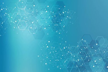 Bilim ağı şablonu, noktaları ve çizgileri birleştiriyor. Teknoloji altıgenlerin yapısı veya moleküler bağlantı elementleri.