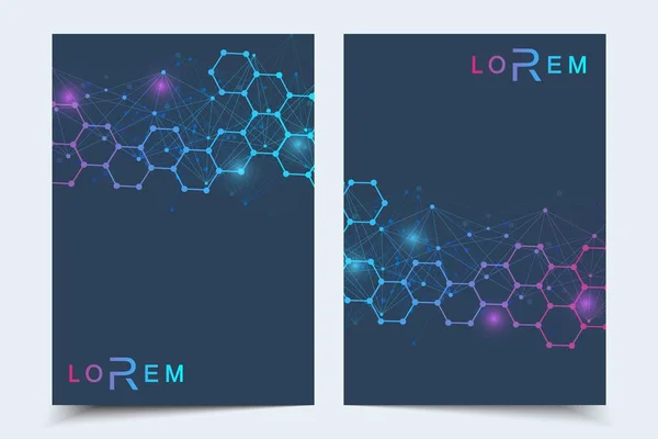 Mallar företagsbroschyr, magazine, broschyr, flyer, lock, häfte, årsrapport. Vetenskapliga koncept för medicin, teknik, kemi. Sexkantiga molekyl struktur. DNA, atom, nervceller — Stock vektor