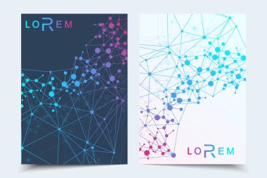 Bilimsel broşür tasarım şablonu. Vektör broşürü düzeni, birbirine bağlı çizgiler ve noktalarla moleküler yapı. Dergi, broşür, kapak, poster tasarımı için elementleri olan bilimsel desenli atom DNA 'sı.
