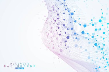 Yapı molekülü ve iletişim. DNA, atom, nöronlar. Tasarımınız için bilimsel bir kavram. Noktalarla birleştirilmiş çizgiler. Tıp, teknoloji, kimya, bilim geçmişi. Vektör illüstrasyonu.