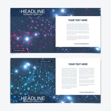 Bilimsel şablonlar kare broşür, dergi, broşür, broşür, kapak, broşür, yıllık rapor. Tıp, teknoloji ve kimya için bilimsel bir kavram. Yapı molekülü ve iletişim. DNA, atom.