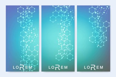 Broşür el ilanı düzeni. Dergi kapağı kurumsal kimlik şablonu. Bilim ve teknoloji tasarım, Dna yapısı, kimya, tıbbi geçmişi, iş, Web sitesi şablonları. Vektör çizim