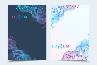 Bilimsel broşür tasarım şablonu. Vektör broşürü düzeni, birbirine bağlı çizgiler ve noktalarla moleküler yapı. Dergi, broşür, kapak, poster tasarımı için elementleri olan bilimsel desenli atom DNA 'sı.