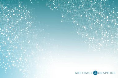 Yapı molekülü ve iletişim. DNA, atom, nöronlar. Tasarımınız için bilimsel bir kavram. Noktalarla birleştirilmiş çizgiler. Tıp, teknoloji, kimya, bilim geçmişi. Vektör illüstrasyonu.