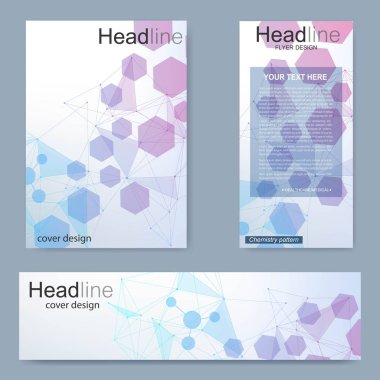 Broşür, A4 şablonu, afiş ayarla. Birbirine bağlı çizgiler ve noktalar olan moleküler yapı. Dergi, broşür, kapak, poster tasarımı için elementleri olan bilimsel desenli atom DNA 'sı.