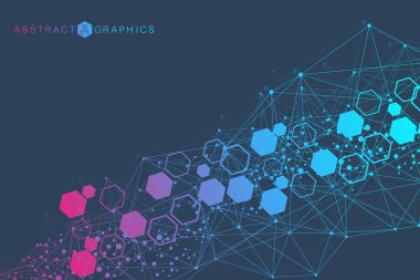Bilimsel altıgen kalıbın modern fütüristik arka planı. Parçacık, tıbbi, teknoloji, kimya ve bilim için molekül yapısına sahip sanal soyut bir arka plan. Sosyal ağ vektörü