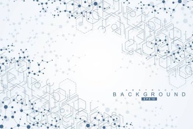 Yapı molekülü ve iletişim. DNA, atom, nöronlar. Tasarımınız için bilimsel bir kavram. Noktalarla birleştirilmiş çizgiler. Tıp, teknoloji, kimya, bilim geçmişi. Vektör illüstrasyonu.