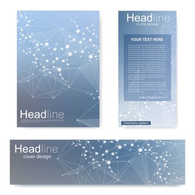 Broşür, A4 şablonu, afiş ayarla. Birbirine bağlı çizgiler ve noktalar olan moleküler yapı. Dergi, broşür, kapak, poster tasarımı için elementleri olan bilimsel desenli atom DNA 'sı.