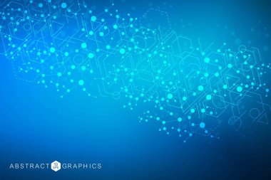 Bilim ağı şablonu, noktaları ve çizgileri birleştiriyor. Teknoloji altıgenlerin yapısı veya moleküler bağlantı elementleri.