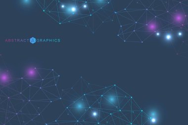Bağlı çizgi ve noktalarla Geometrik soyut arkaplan. Yapı molekülü ve iletişim. Büyük Veri Görselleştirme. Tıp, teknoloji, bilim geçmişi. Vektör illüstrasyonu.