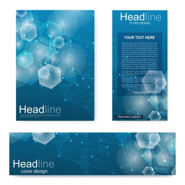 Broşür, A4 şablonu, afiş ayarla. Birbirine bağlı çizgiler ve noktalar olan moleküler yapı. Dergi, broşür, kapak, poster tasarımı için elementleri olan bilimsel desenli atom DNA 'sı.