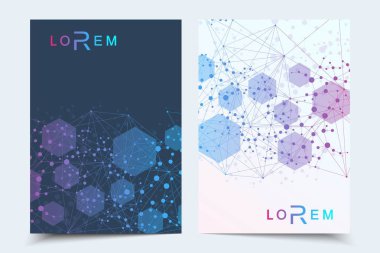 En az broşür şablonları, dergi, broşür, el ilanı, kapak, kitapçık, faaliyet raporu, banner. Tıp, teknoloji, Kimya için bilimsel kavram. Altıgen molekül yapısı. DNA, atom, nöronlar.