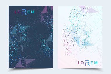 Bilimsel broşür tasarım şablonu. Vektör broşürü düzeni, birbirine bağlı çizgiler ve noktalarla moleküler yapı. Dergi, broşür, kapak, poster tasarımı için elementleri olan bilimsel desenli atom DNA 'sı.