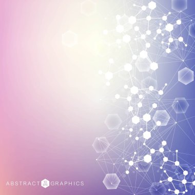 Yapı molekülü ve iletişim. DNA, atom, nöronlar. Tasarımınız için bilimsel bir kavram. Noktalarla birleştirilmiş çizgiler. Tıp, teknoloji, kimya, bilim geçmişi. Vektör illüstrasyonu.