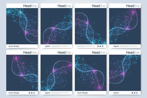 Modelo de diseño de folleto científico. Diseño de volante vectorial, estructura molecular con líneas y puntos conectados. Patrón científico DNA átomo con elementos para revista, folleto, portada, diseño de póster — Vector de stock