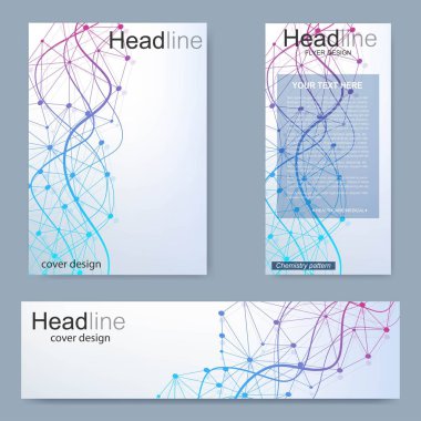 Broşür, A4 şablonu, afiş ayarla. Birbirine bağlı çizgiler ve noktalar olan moleküler yapı. Dergi, broşür, kapak, poster tasarımı için elementleri olan bilimsel desenli atom DNA 'sı.