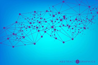 Bağlı çizgi ve noktalarla Geometrik soyut arkaplan. Yapı molekülü ve iletişim. Büyük Veri Görselleştirme. Tıp, teknoloji, bilim geçmişi. Vektör illüstrasyonu.