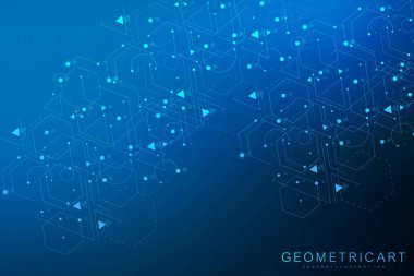 Bağlı çizgi ve noktalarla Geometrik soyut arkaplan. Yapı molekülü ve iletişim. Büyük Veri Görselleştirme. Tıp, teknoloji, bilim geçmişi. Vektör illüstrasyonu.