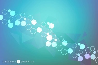 Bilim ağı şablonu, noktaları ve çizgileri birleştiriyor. Teknoloji altıgenlerin yapısı veya moleküler bağlantı elementleri.