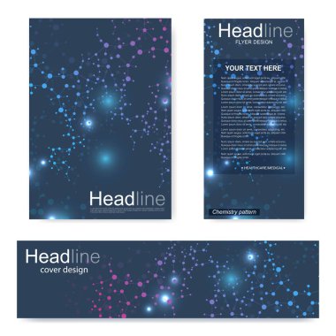 Broşür, A4 şablonu, afiş ayarla. Birbirine bağlı çizgiler ve noktalar olan moleküler yapı. Dergi, broşür, kapak, poster tasarımı için elementleri olan bilimsel desenli atom DNA 'sı.