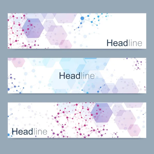 Conjunto científico de banners vectoriales modernos. Estructura de moléculas de ADN con líneas y puntos conectados. Concepto científico y tecnológico. Fondo gráfico de flujo de onda para su diseño. Ilustración vectorial . — Vector de stock