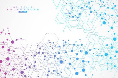 Yapı molekülü ve iletişim. DNA, atom, nöronlar. Tasarımınız için bilimsel bir kavram. Noktalarla birleştirilmiş çizgiler. Tıp, teknoloji, kimya, bilim geçmişi. Vektör illüstrasyonu.
