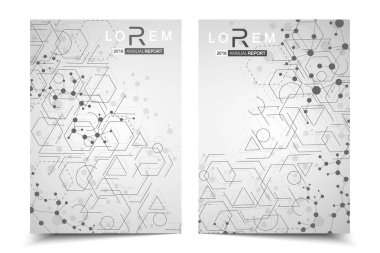 Bilimsel broşür tasarım şablonu. Vektör broşürü düzeni, birbirine bağlı çizgiler ve noktalarla moleküler yapı. Dergi, broşür, kapak, poster tasarımı için elementleri olan bilimsel desenli atom DNA 'sı.