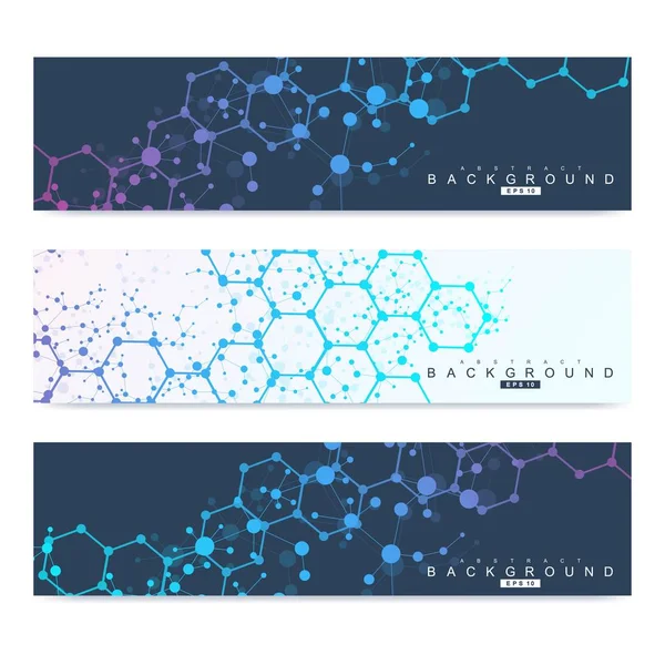 Wetenschappelijke set van moderne vectorbanners. DNA molecuul structuur met verbonden lijnen en stippen. Wetenschappelijk en technologisch concept. Golfstroom grafische achtergrond voor uw ontwerp. Vectorillustratie. — Stockvector