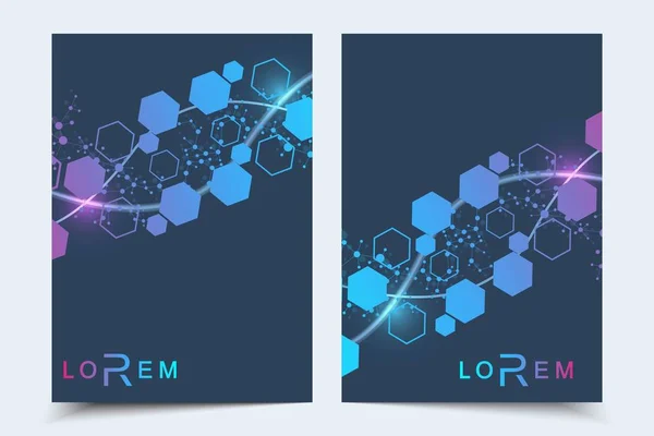 Mallar företagsbroschyr, magazine, broschyr, flyer, lock, häfte, årsrapport. Vetenskapliga koncept för medicin, teknik, kemi. Sexkantiga molekyl struktur. DNA, atom, nervceller — Stock vektor