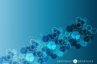 Bilim ağı şablonu, noktaları ve çizgileri birleştiriyor. Teknoloji altıgenlerin yapısı veya moleküler bağlantı elementleri.