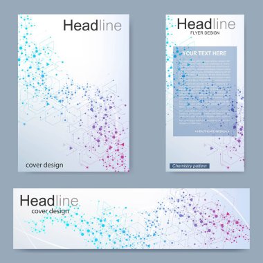 Broşür, A4 şablonu, afiş ayarla. Birbirine bağlı çizgiler ve noktalar olan moleküler yapı. Dergi, broşür, kapak, poster tasarımı için elementleri olan bilimsel desenli atom DNA 'sı.