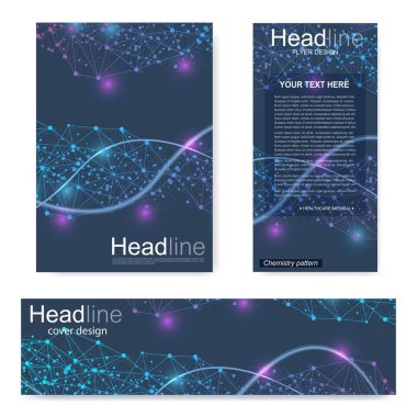 Broşür, A4 şablonu, afiş ayarla. Birbirine bağlı çizgiler ve noktalar olan moleküler yapı. Dergi, broşür, kapak, poster tasarımı için elementleri olan bilimsel desenli atom DNA 'sı.